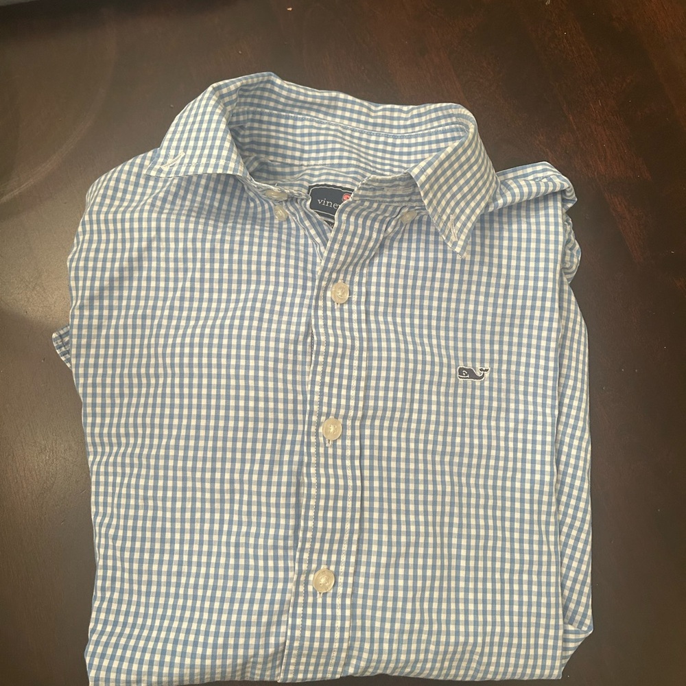 Vineyard Vines Blue Gingham Boys button down M 12-14